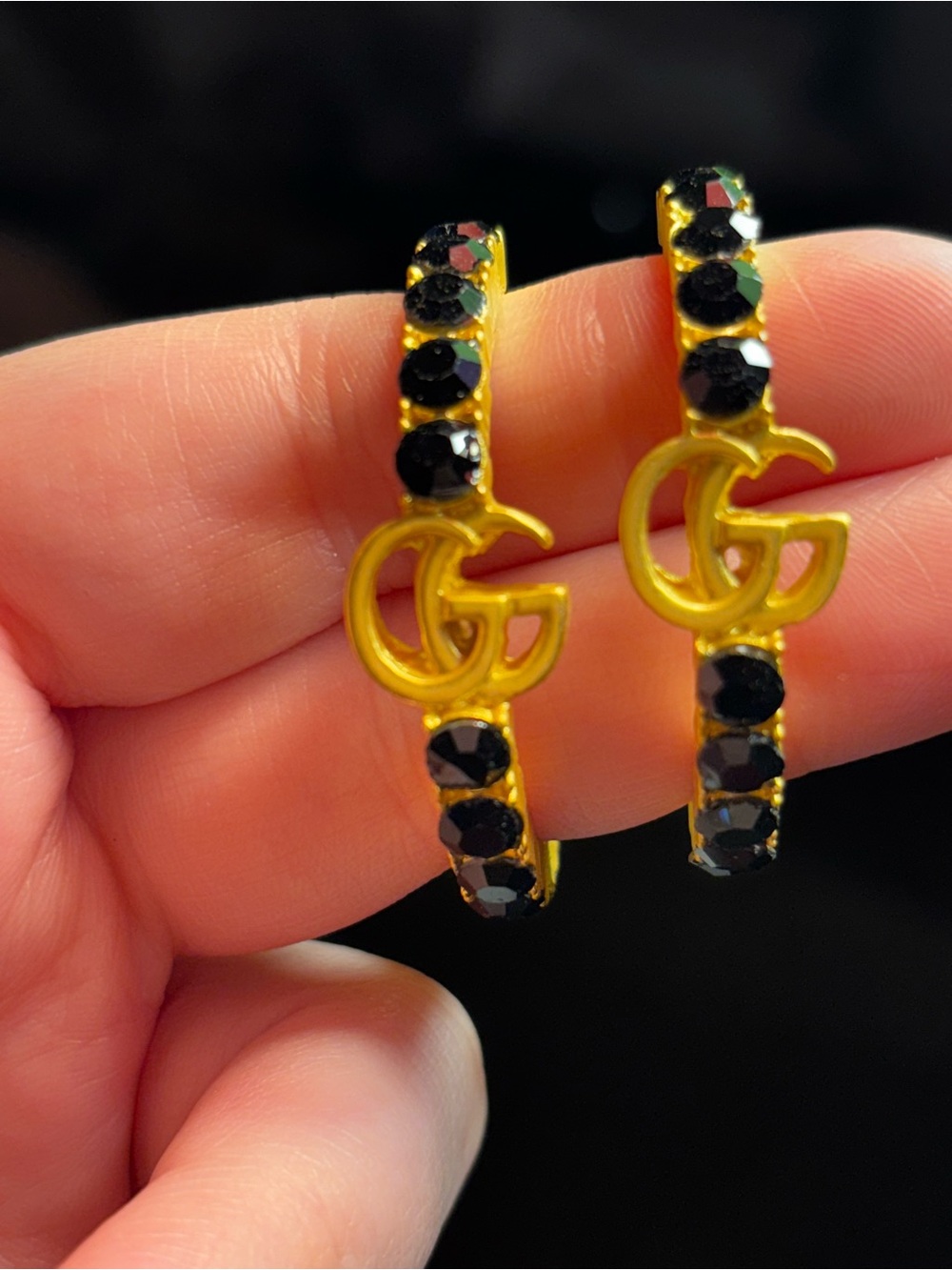 Brand New Gold-Tone Hoop Earrings with Black Stones and Interlocking G Accent